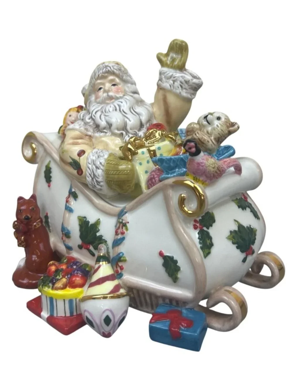 Waterford Holiday Heirlooms Georgian Santa Sleigh Ceramic Candy Jar Gold Rim Lid
